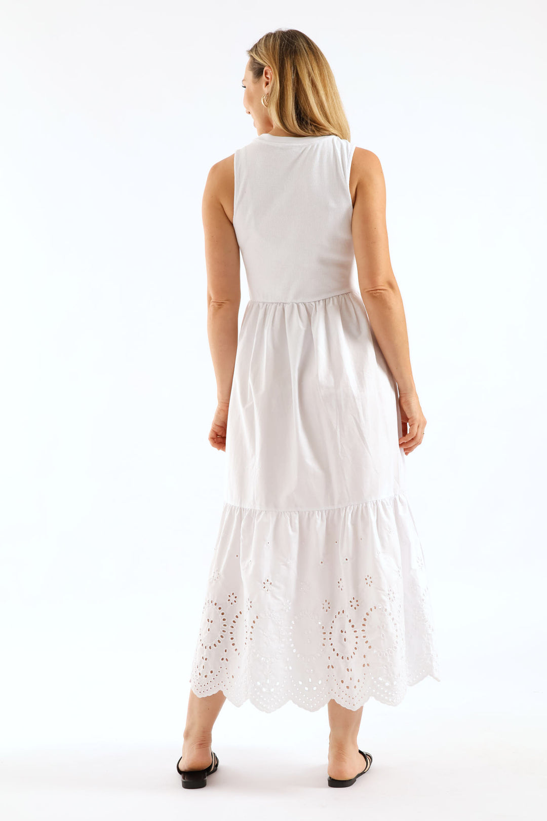 Rib Combo Anglaise Frill Hem Midaxi Dress - White