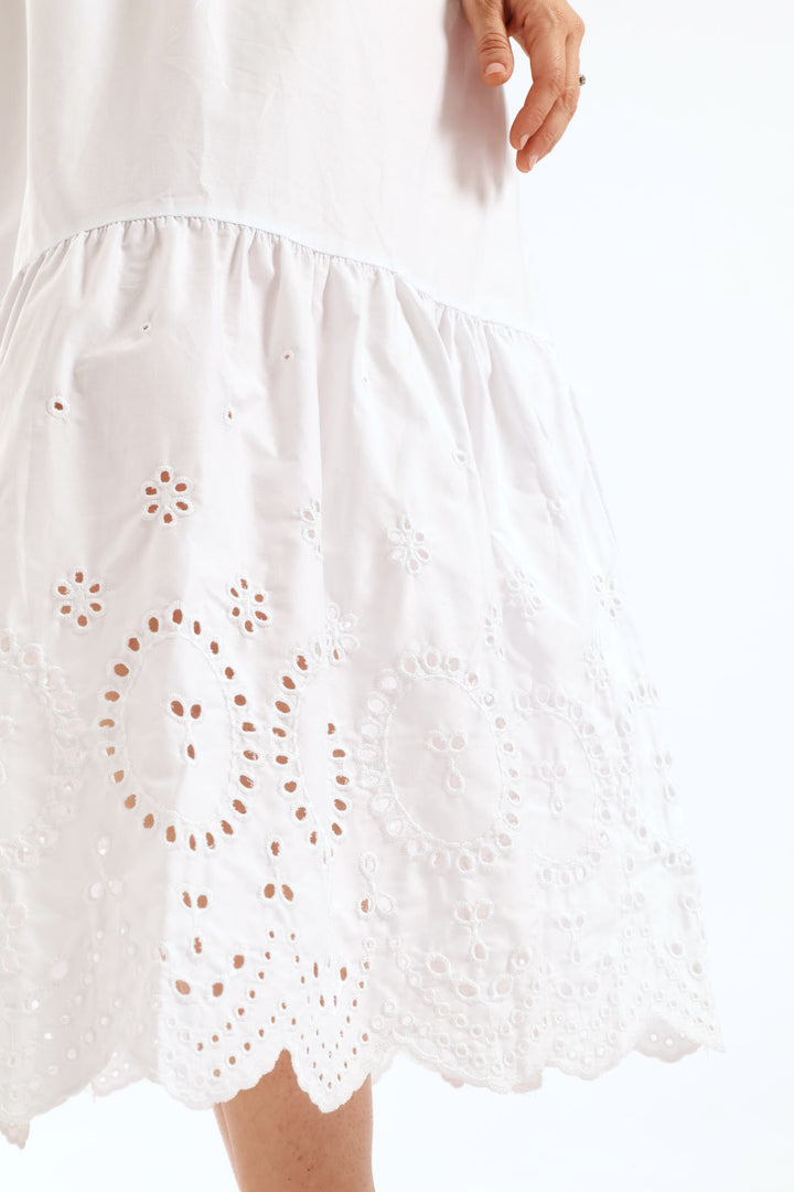 Rib Combo Anglaise Frill Hem Midaxi Dress - White