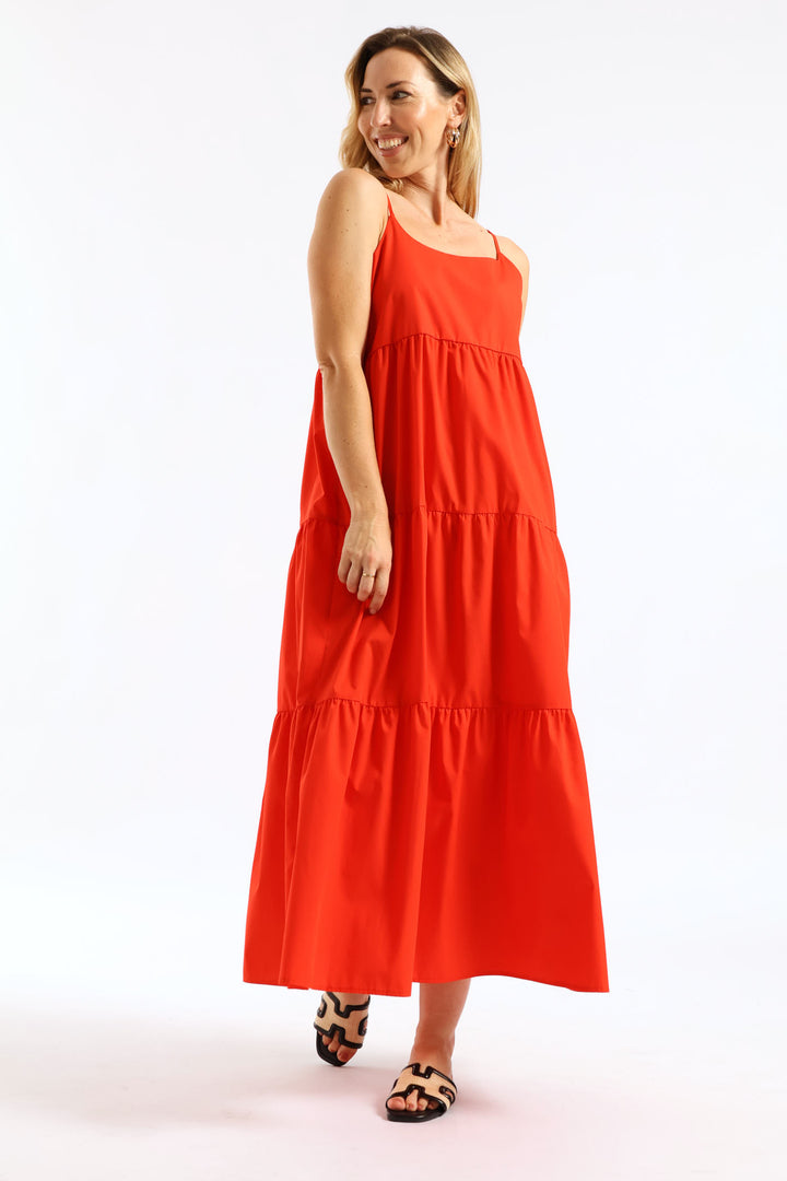Strappy Tiered Poplin Maxi Dress with Pockets - Firey Red