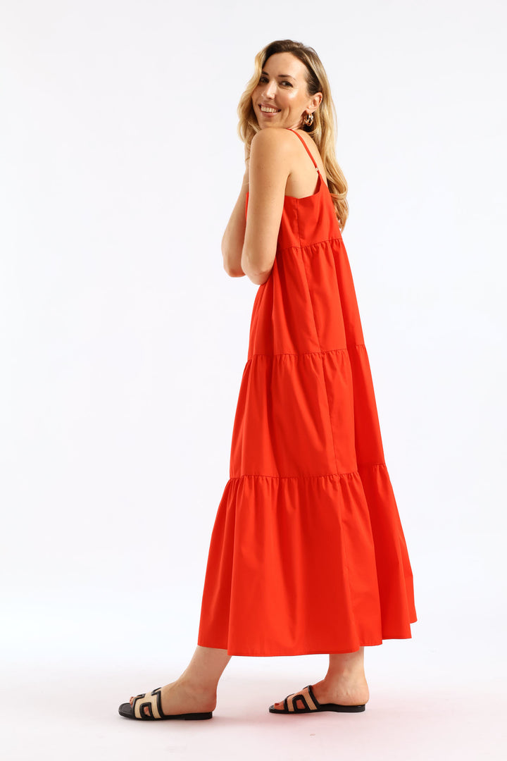 Strappy Tiered Poplin Maxi Dress with Pockets - Firey Red