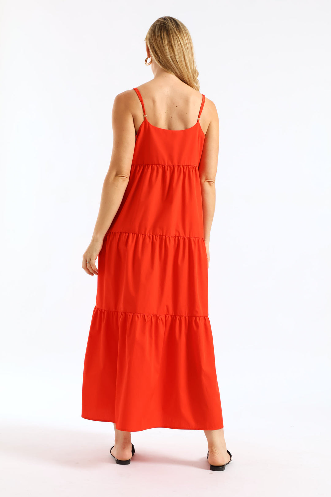 Strappy Tiered Poplin Maxi Dress with Pockets - Firey Red