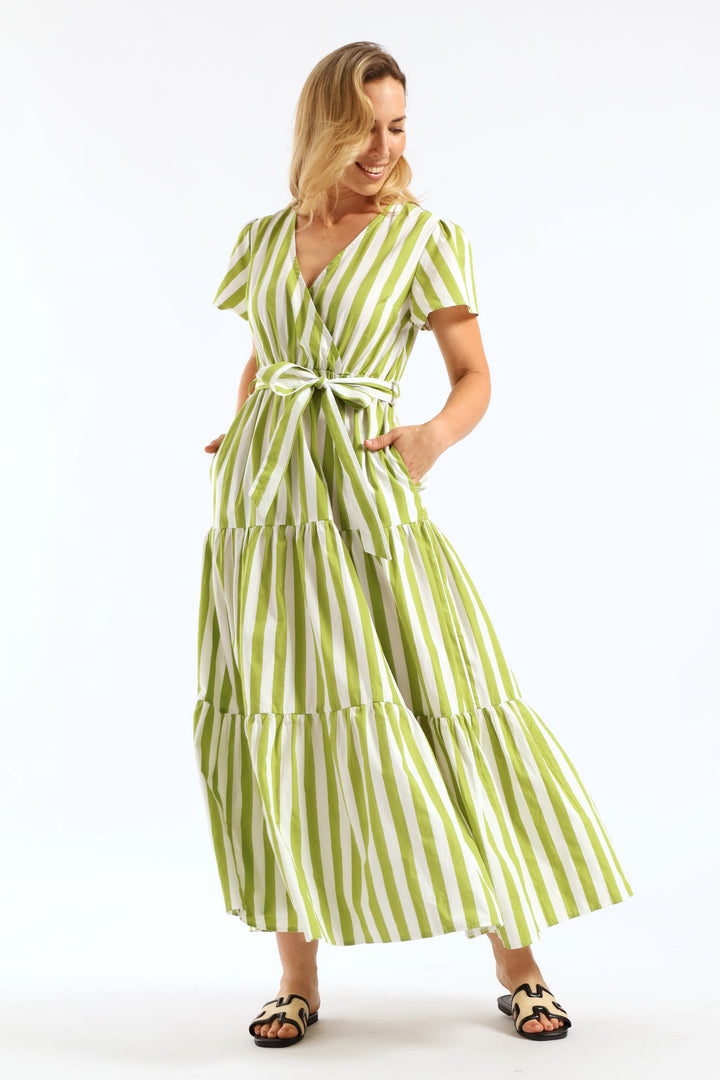 Crossover Belted Tiered Poplin Maxi Dress - Chartreuse/White