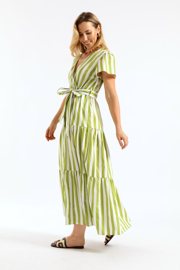 Crossover Belted Tiered Poplin Maxi Dress - Chartreuse/White