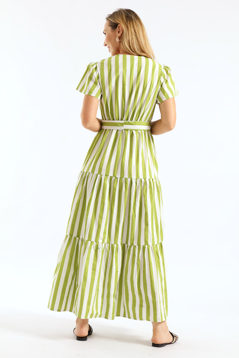 Crossover Belted Tiered Poplin Maxi Dress - Chartreuse/White