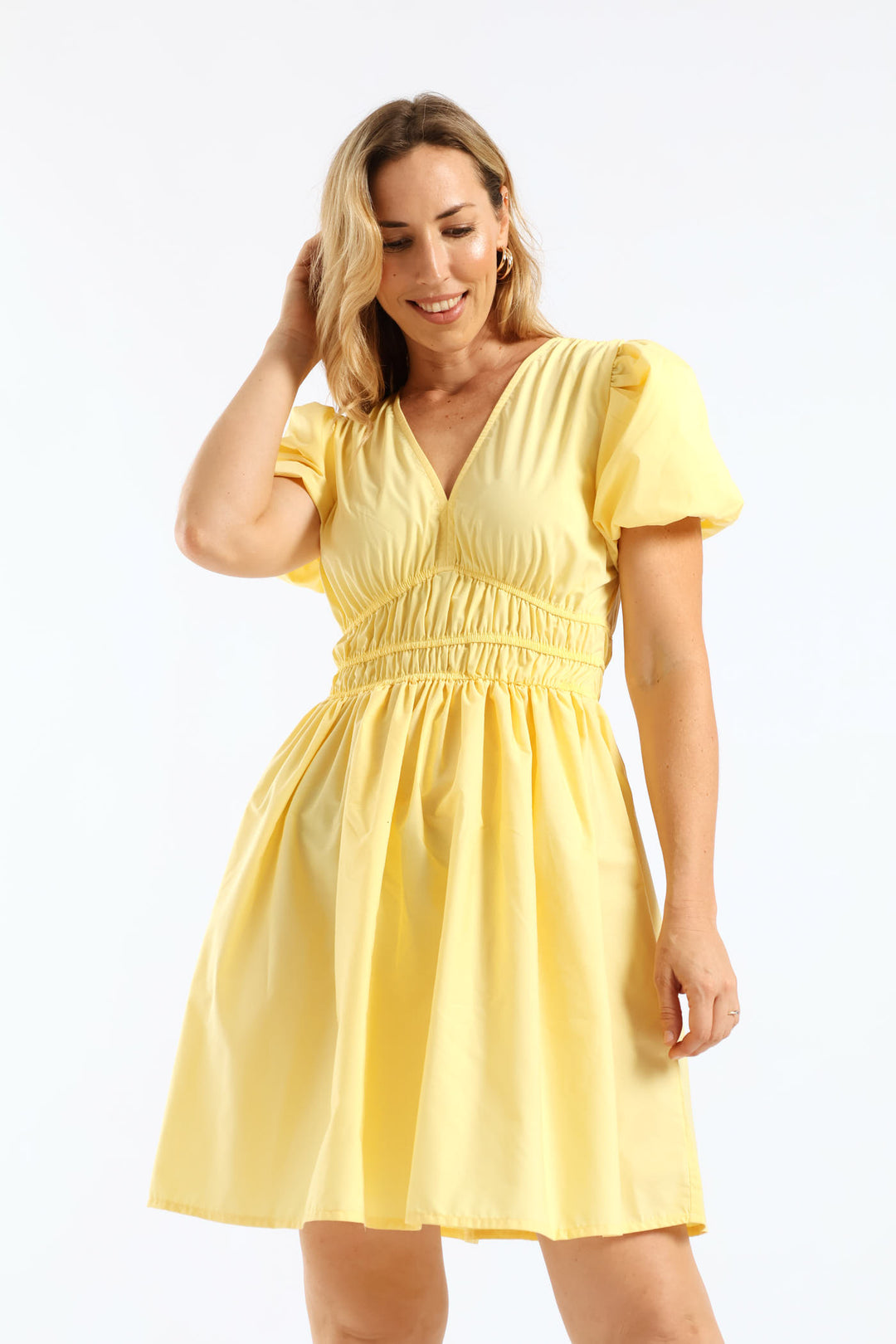 Ladies Bubble Sleeve V-Neck Elasticated Waist Fit & Flare Mini Dress - Light Yellow Edgars Ladies Bubble Sleeve V-Neck Elasticated Waist Fit & Flare Mini Dress - Light Yellow Edgars