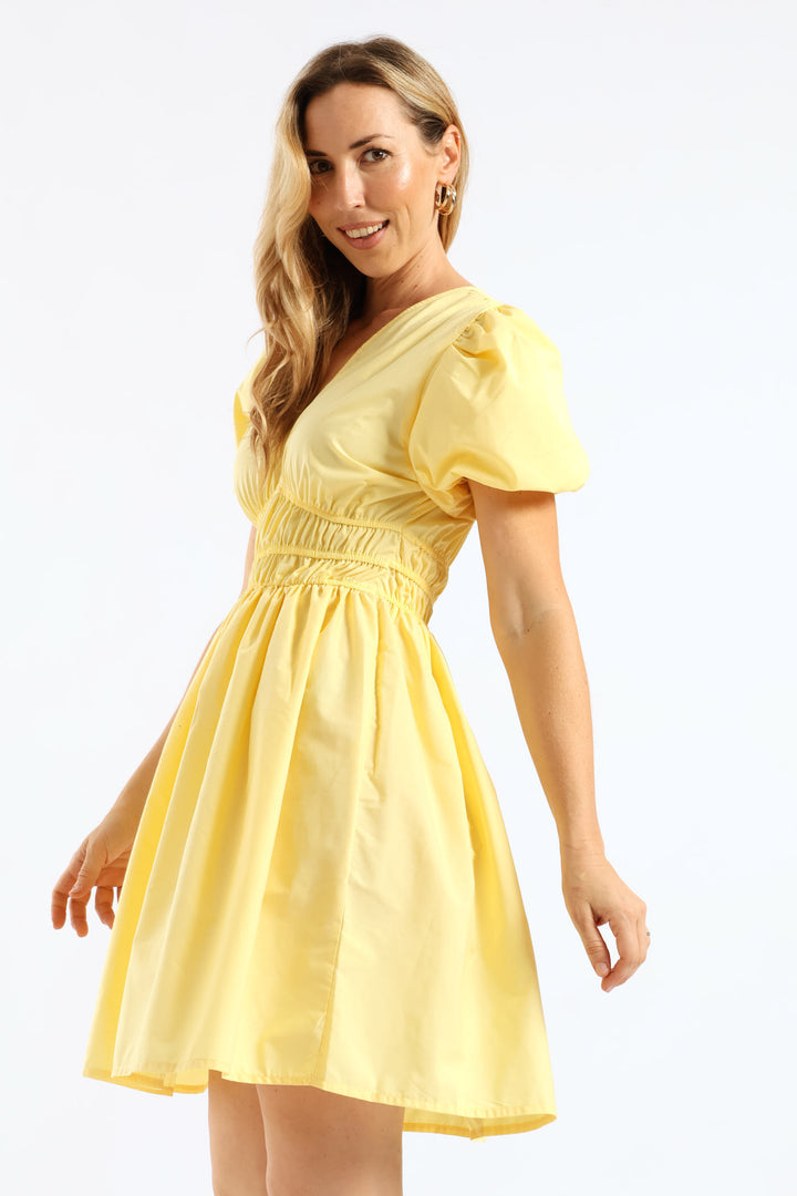 Bubble Sleeve V-Neck Elasticated Waist Fit & Flare Mini Dress - Light Yellow