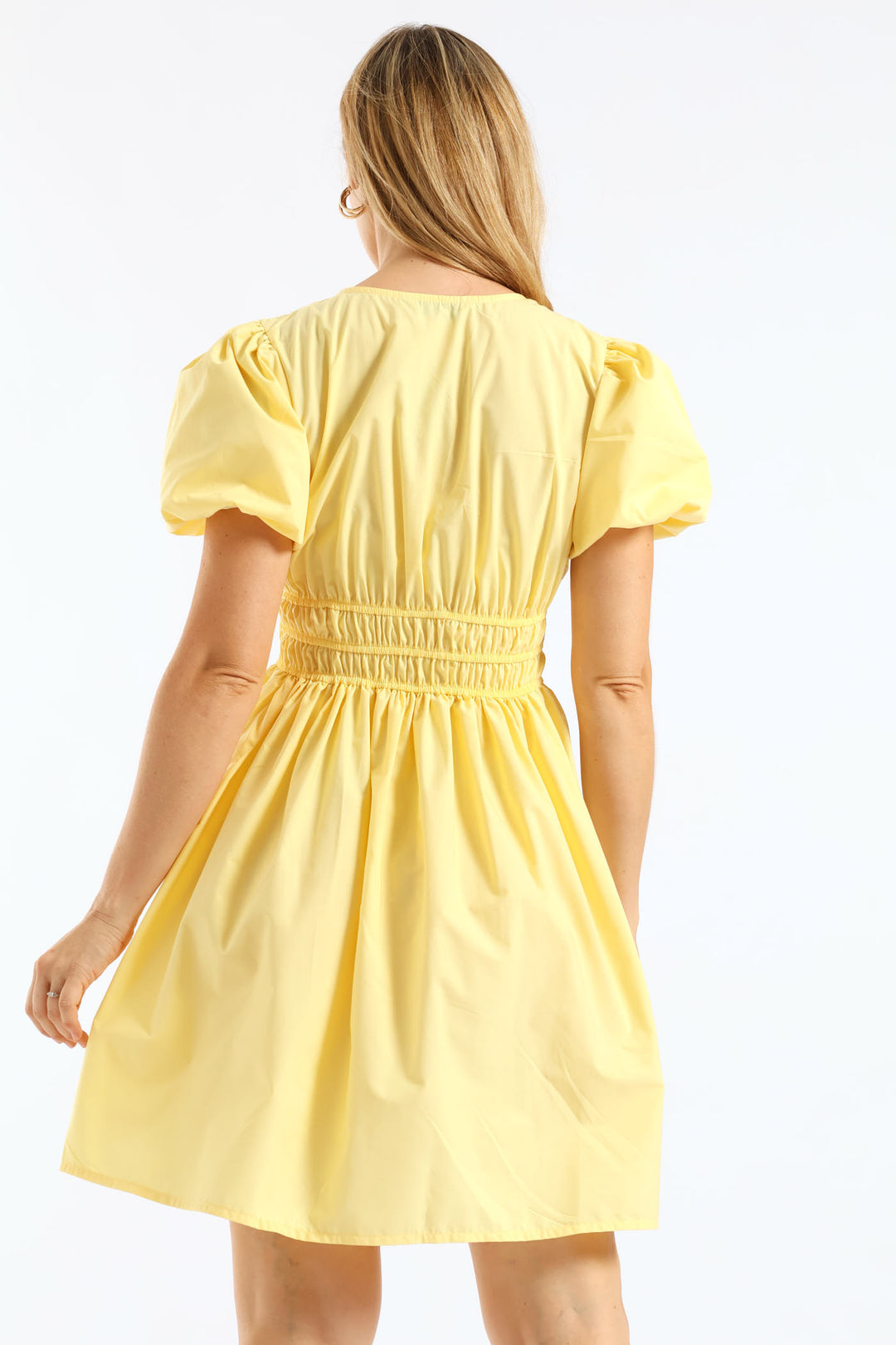 Bubble Sleeve V-Neck Elasticated Waist Fit & Flare Mini Dress - Light Yellow