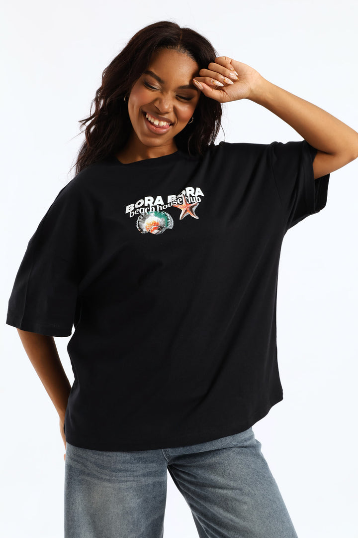 Oversized Seashell Printed Tee - Black