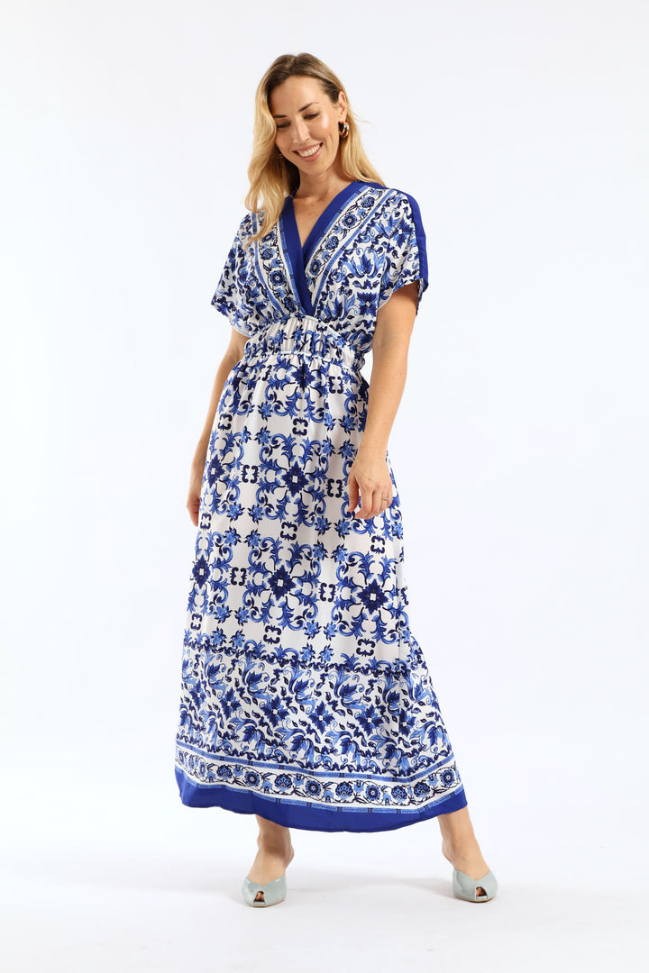 V-Neck Print Satin Fit & Flare Waisted Kaftan Maxi Dress - White/Blue