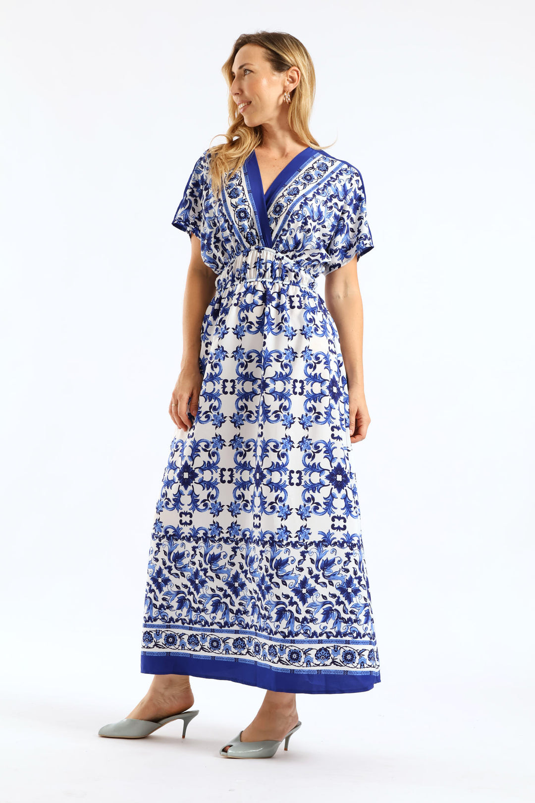 V-Neck Print Satin Fit & Flare Waisted Kaftan Maxi Dress - White/Blue