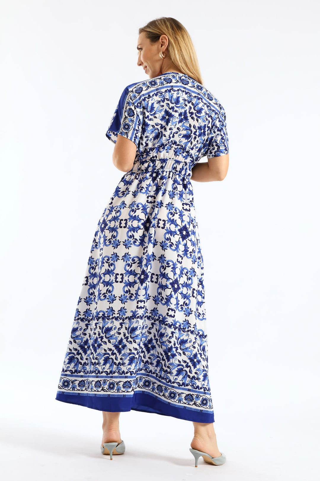 V-Neck Print Satin Fit & Flare Waisted Kaftan Maxi Dress - White/Blue