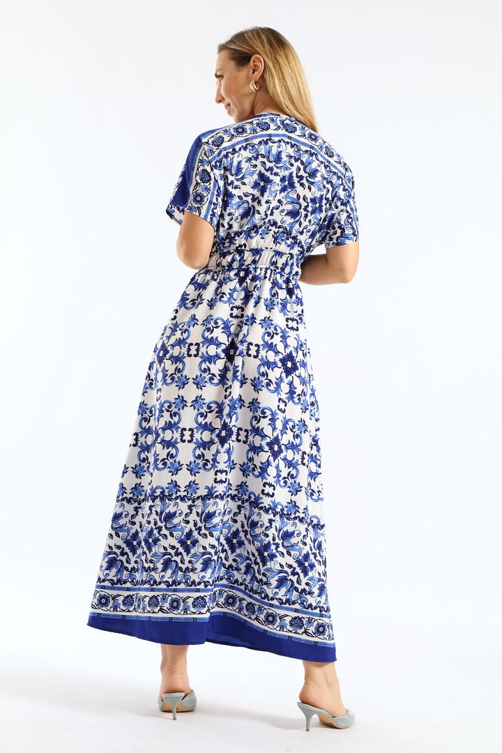 V-Neck Print Satin Fit & Flare Waisted Kaftan Maxi Dress - White/Blue