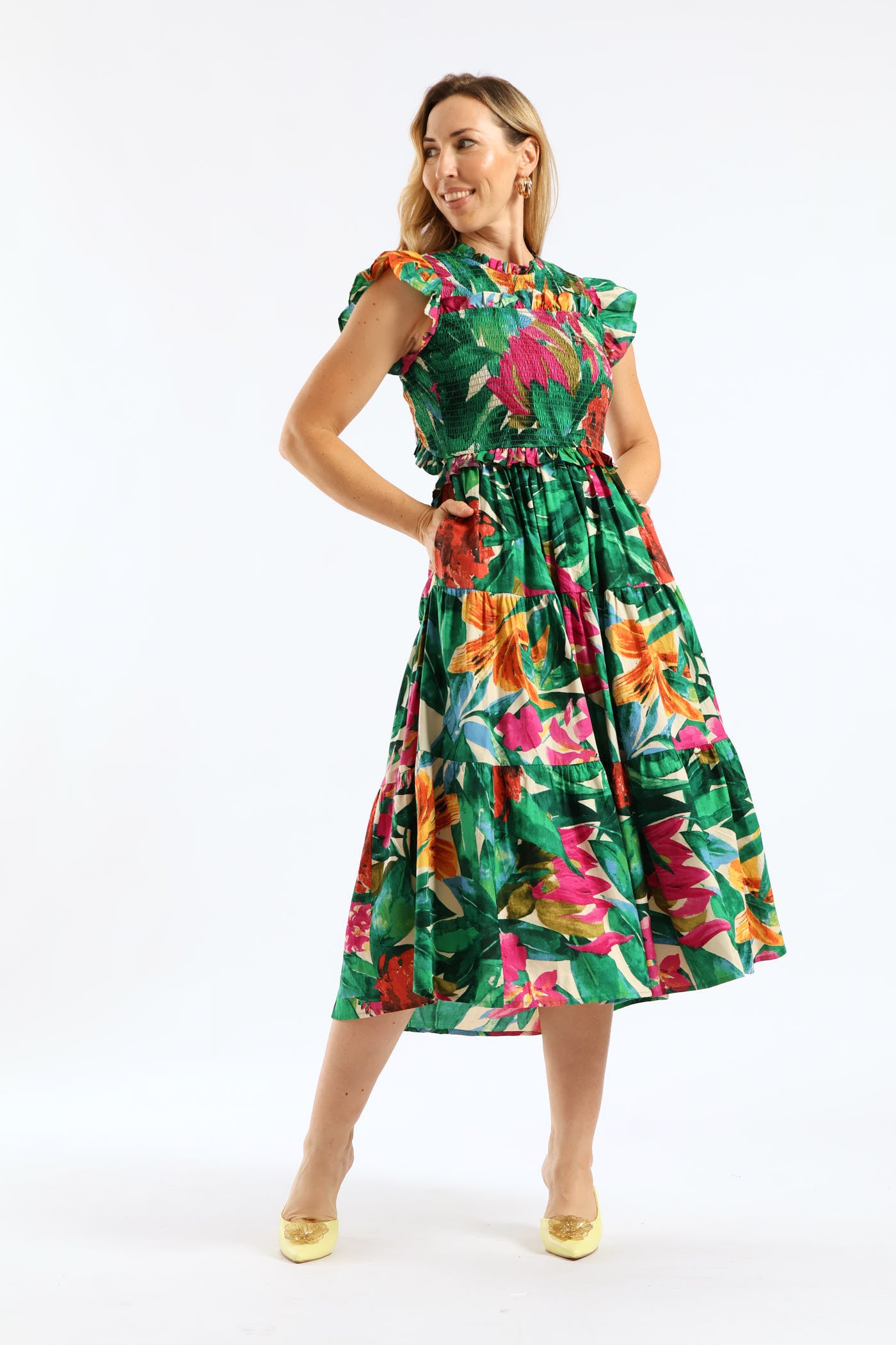 Ladies Frill Neck Shirred Bodice Tiered Tie-Back Midaxi Dress