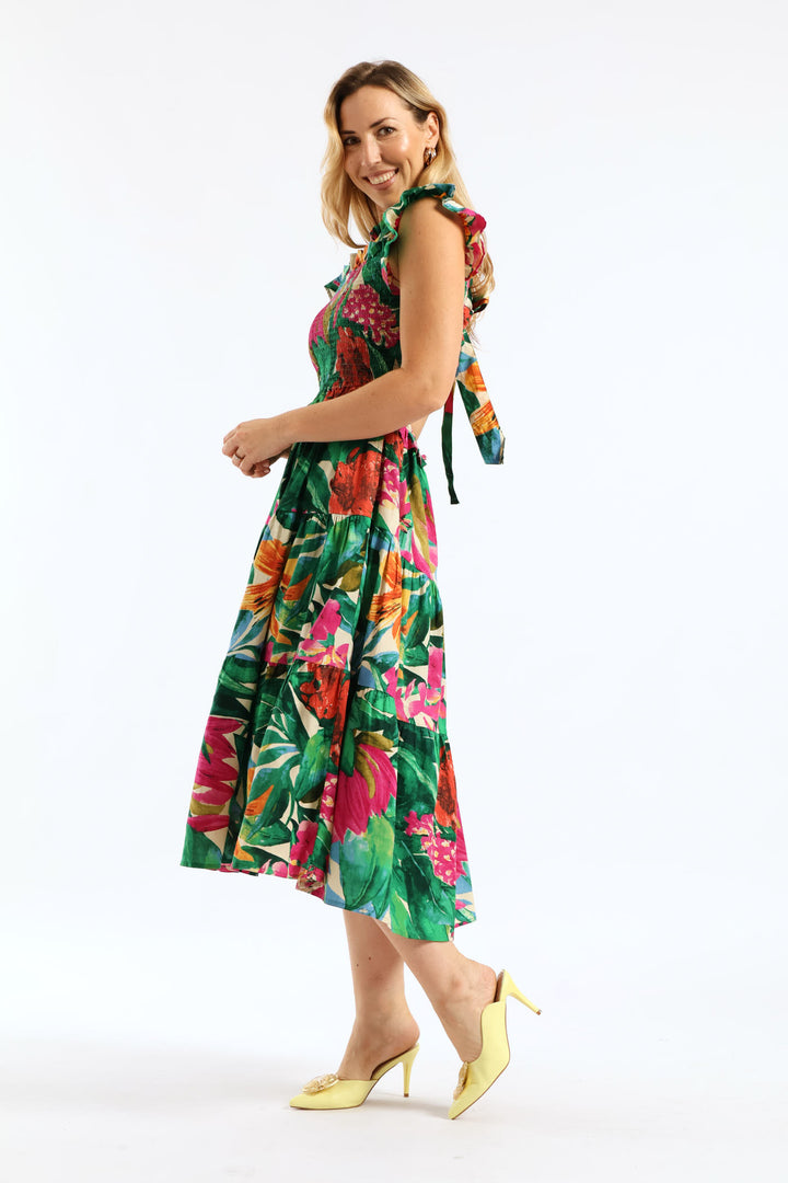 Frill Neck Shirred Bodice Tiered Tie-Back Midaxi Dress - Multi