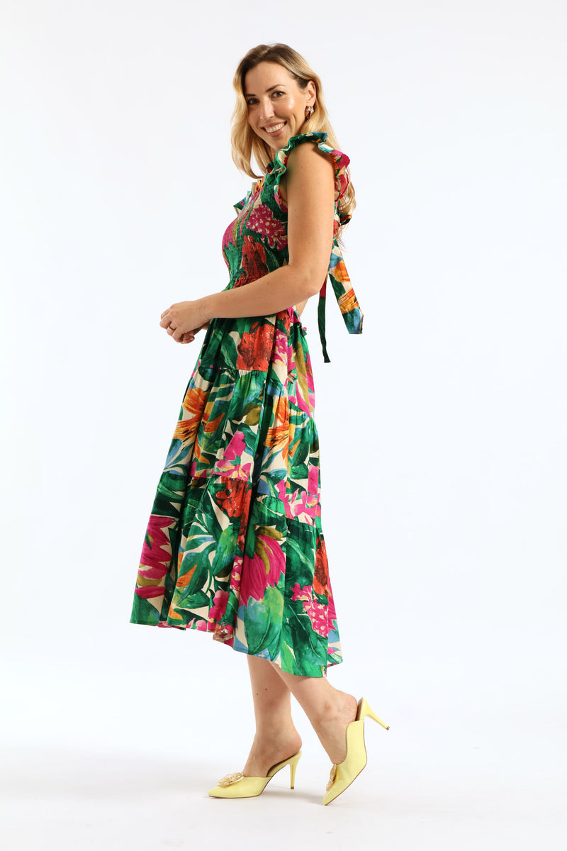 Frill Neck Shirred Bodice Tiered Tie-Back Midaxi Dress - Multi