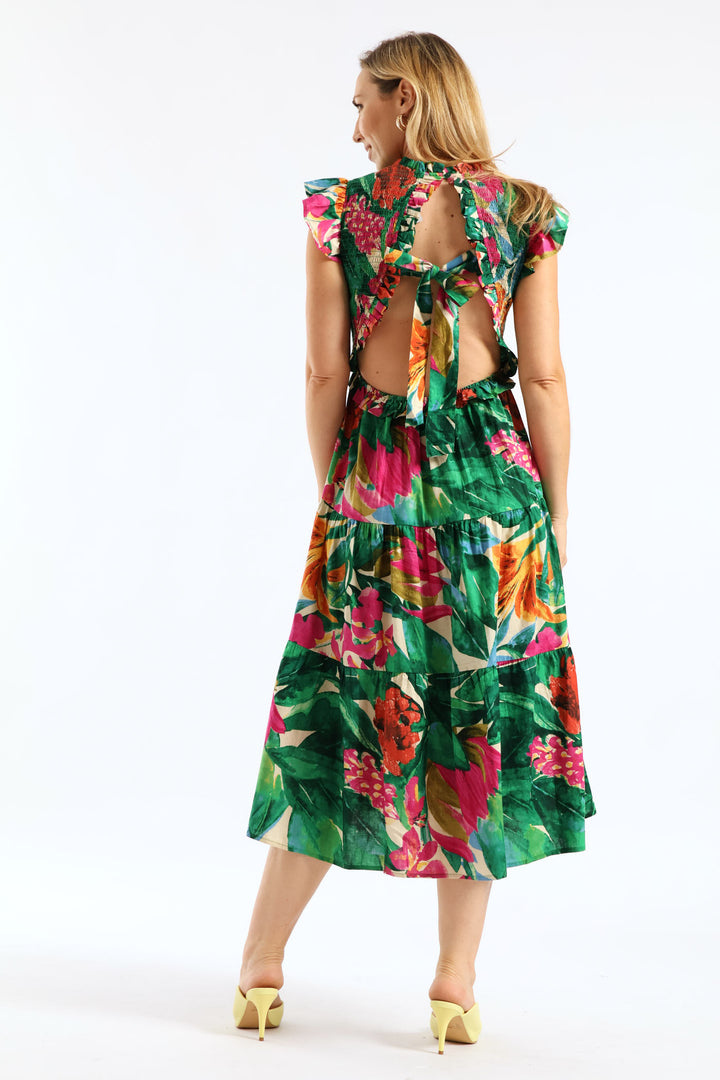Frill Neck Shirred Bodice Tiered Tie-Back Midaxi Dress - Multi