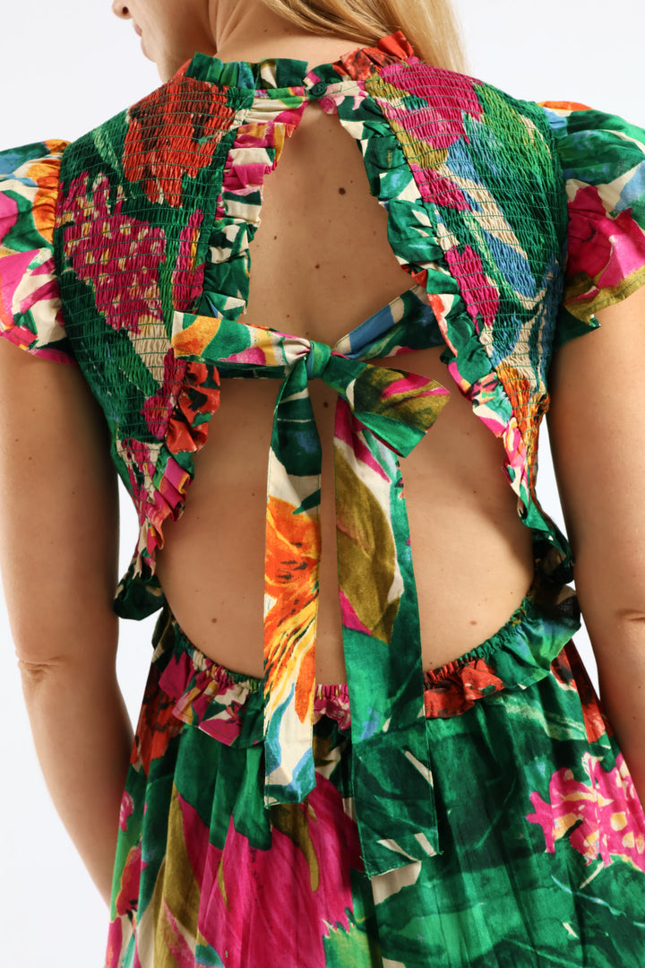 Frill Neck Shirred Bodice Tiered Tie-Back Midaxi Dress - Multi