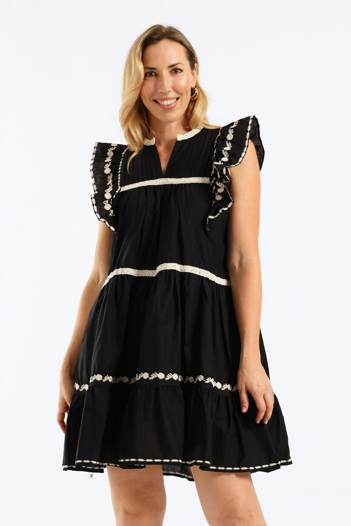 Contrast Trim & Embroidery Notch Neck Peasant Mini Dress - Black