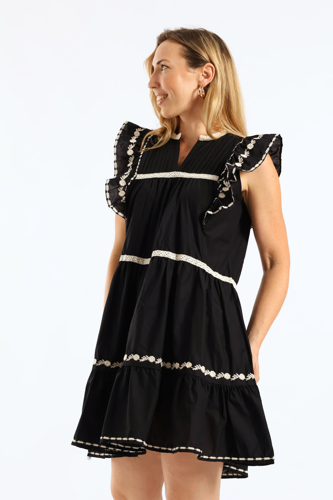 Contrast Trim & Embroidery Notch Neck Peasant Mini Dress - Black
