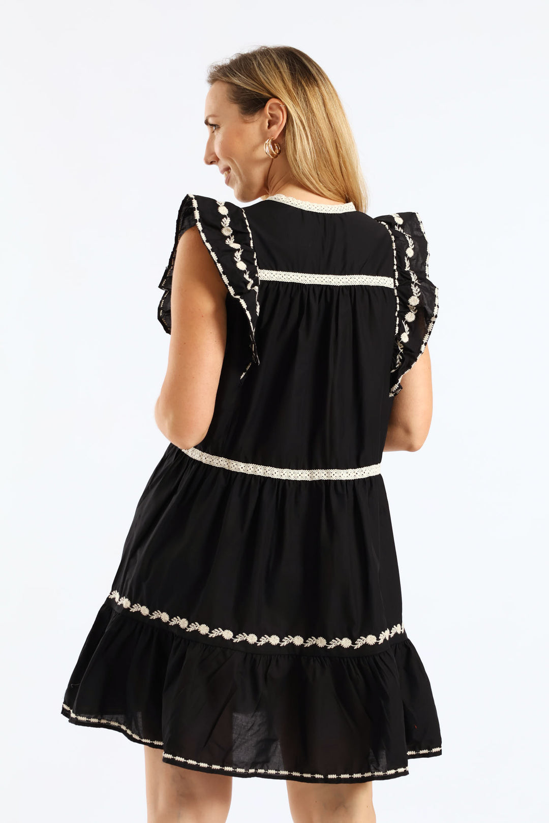Contrast Trim & Embroidery Notch Neck Peasant Mini Dress - Black