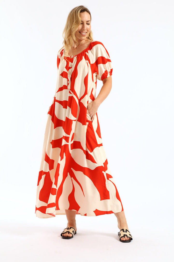 Puff Sleeve Scoop Neck Button Through Linen Midaxi Dress - White/Red