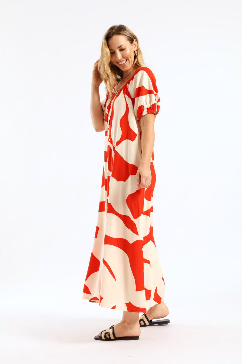 Puff Sleeve Scoop Neck Button Through Linen Midaxi Dress - White/Red