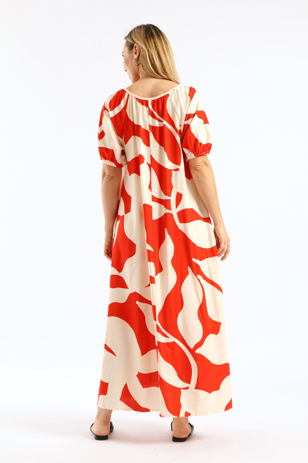 Puff Sleeve Scoop Neck Button Through Linen Midaxi Dress - White/Red