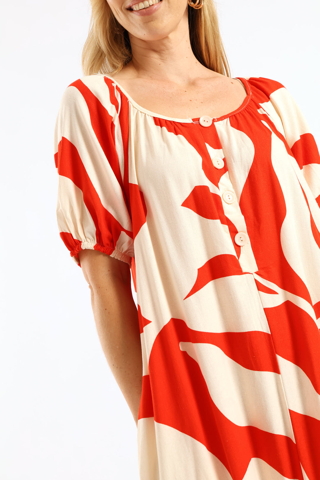 Puff Sleeve Scoop Neck Button Through Linen Midaxi Dress - White/Red