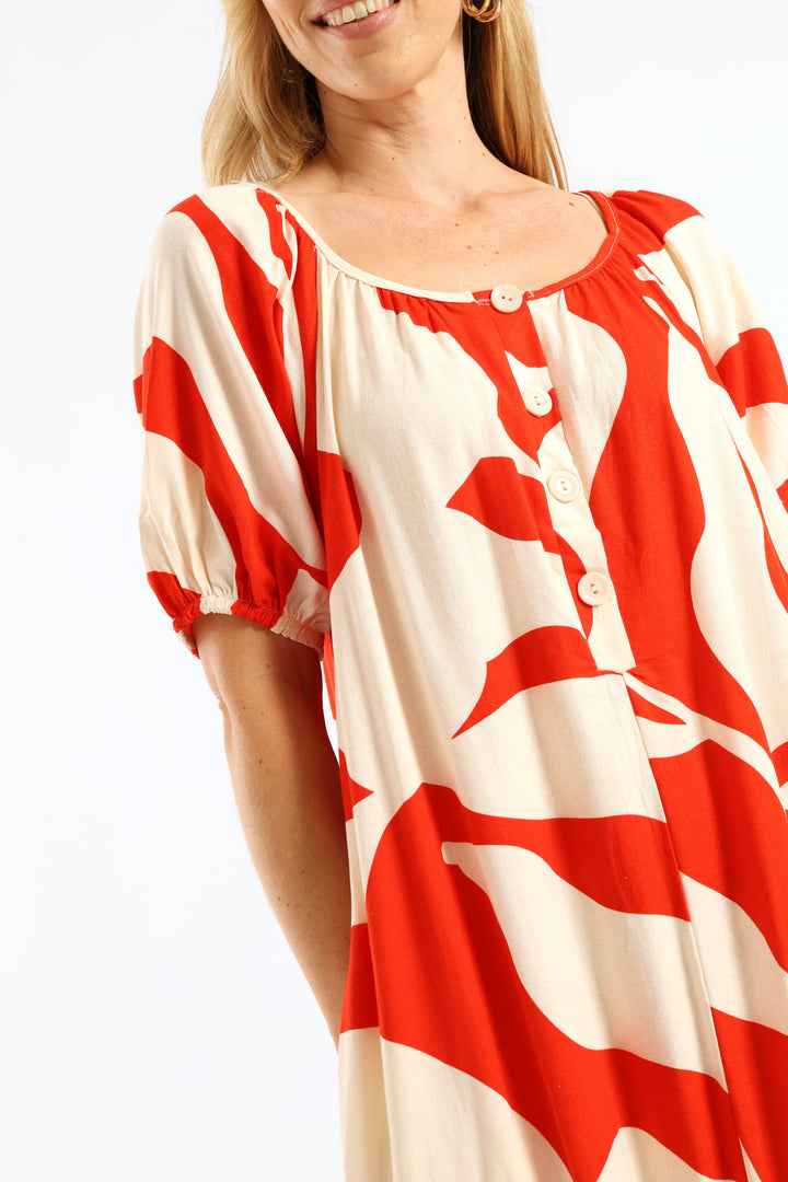 Puff Sleeve Scoop Neck Button Through Linen Midaxi Dress - White/Red