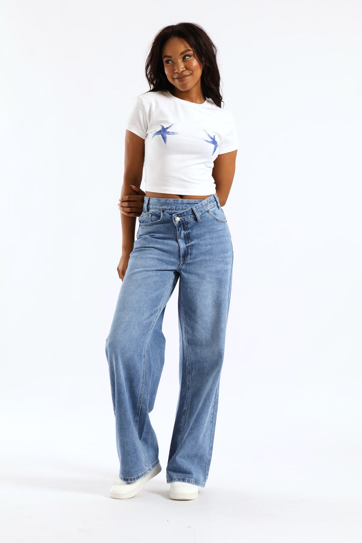 Asymmetrical Waistband Wide Leg Denim - Salty Mid Wash