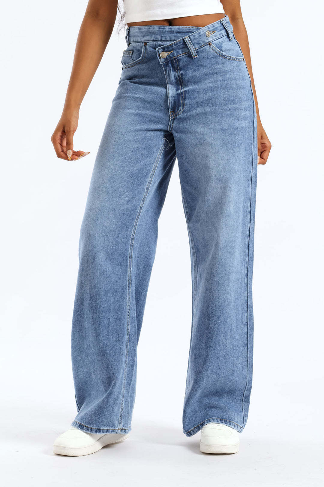 Asymmetrical Waistband Wide Leg Denim - Salty Mid Wash
