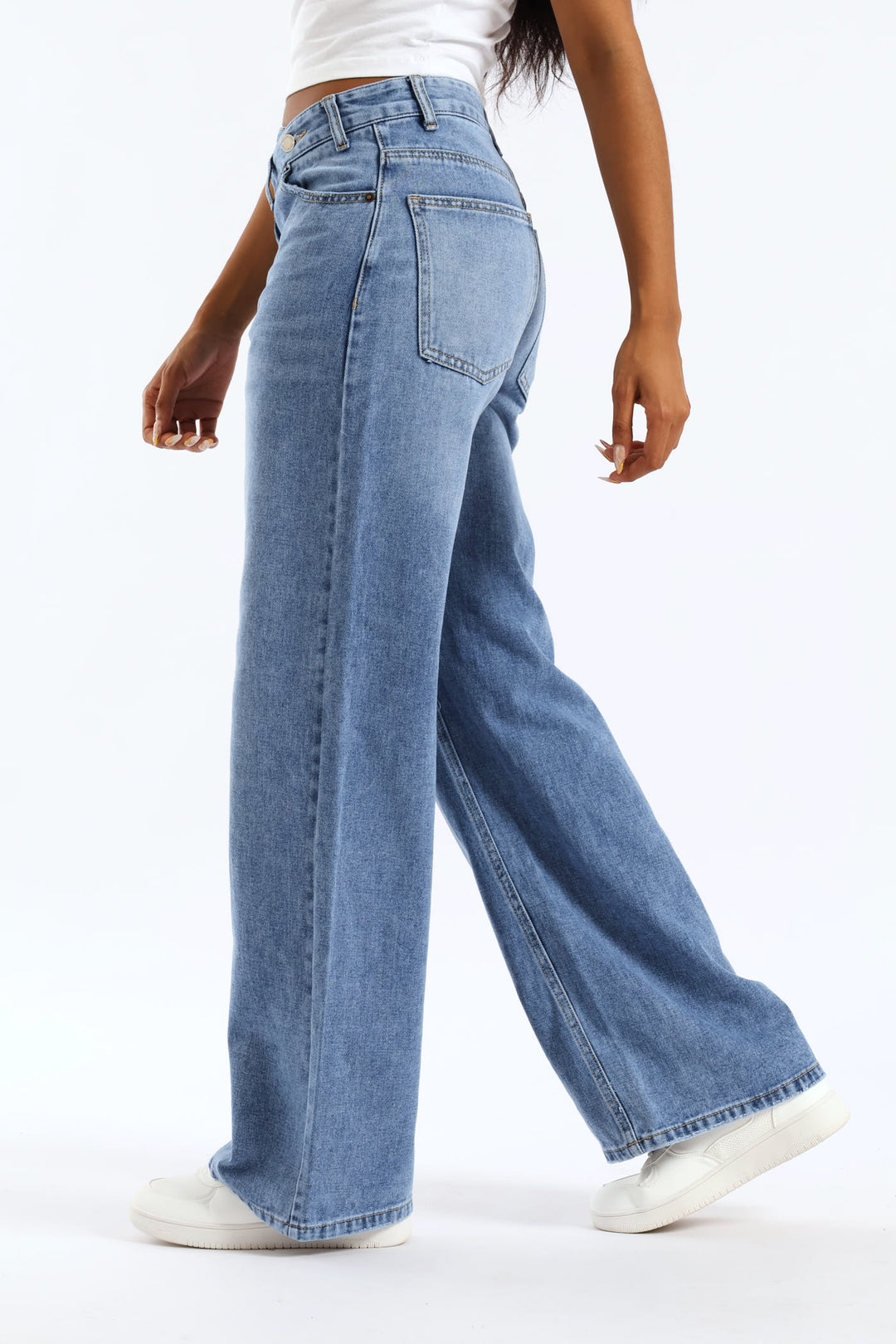 Asymmetrical Waistband Wide Leg Denim - Salty Mid Wash