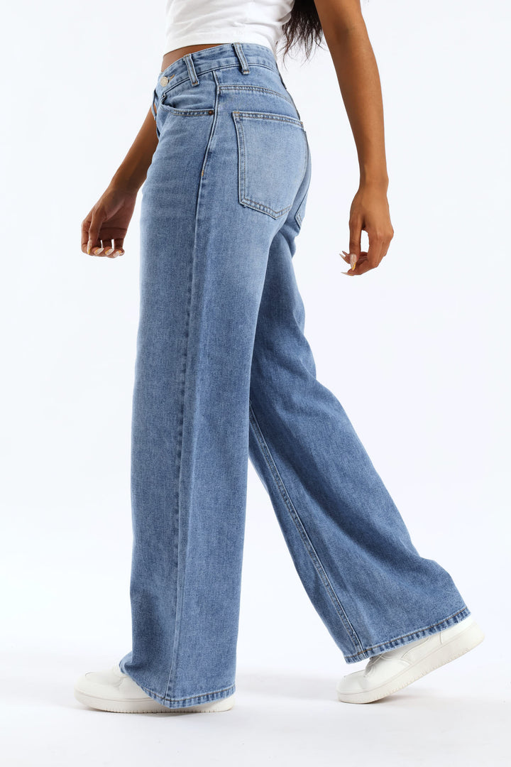 Asymmetrical Waistband Wide Leg Denim - Salty Mid Wash