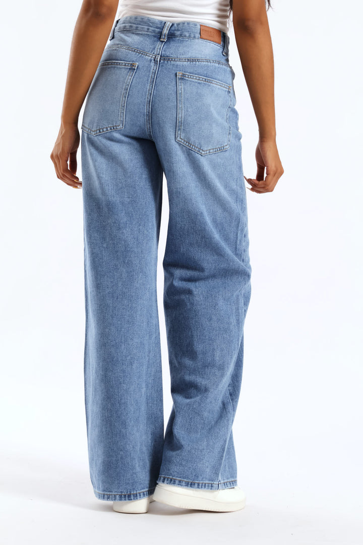 Asymmetrical Waistband Wide Leg Denim - Salty Mid Wash