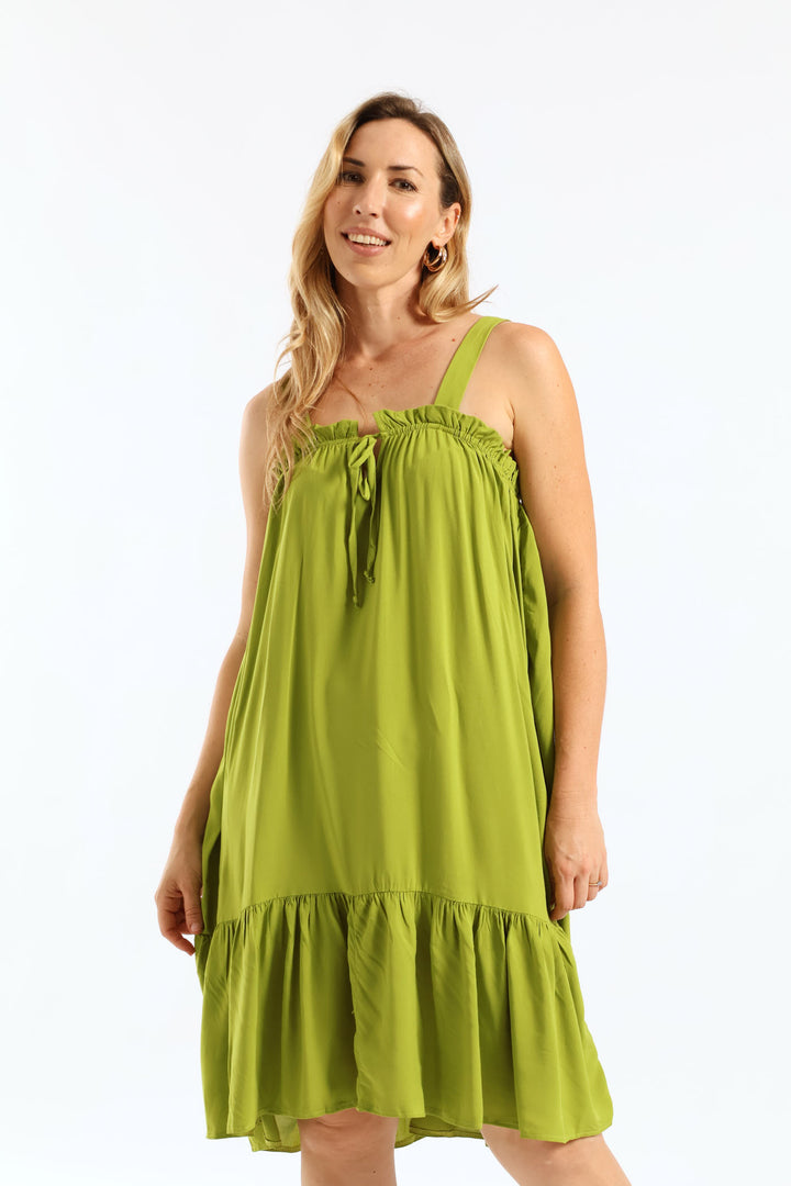 Square Neck Tie Front Frill Hem Mini Dress - Chartreuse