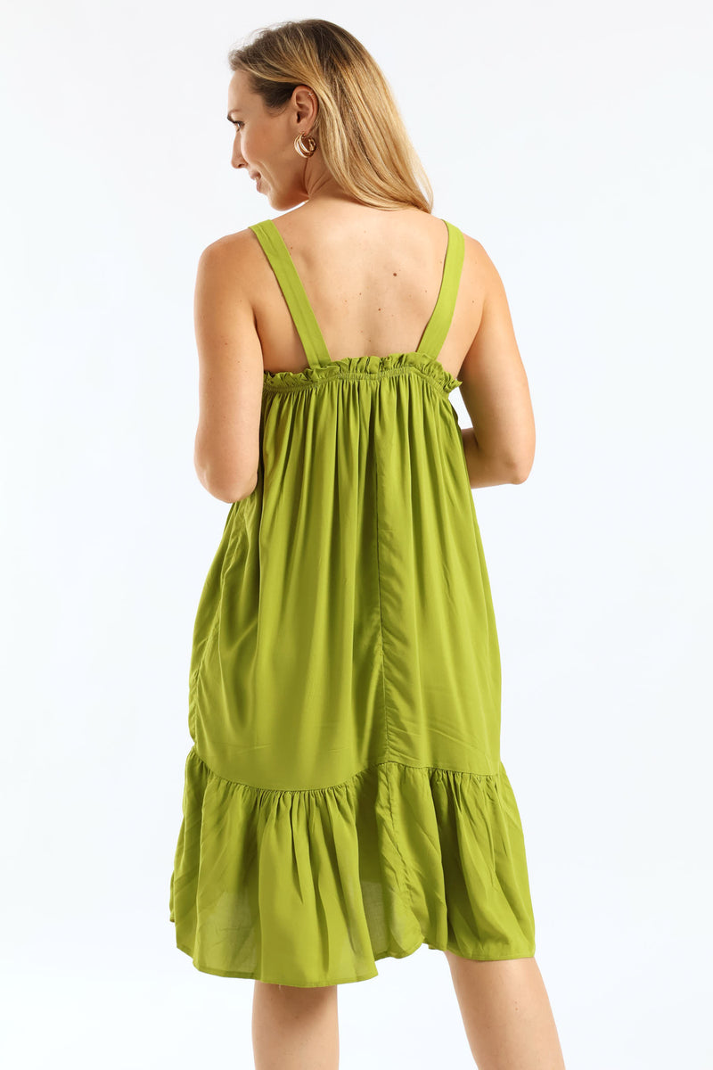Square Neck Tie Front Frill Hem Mini Dress - Chartreuse