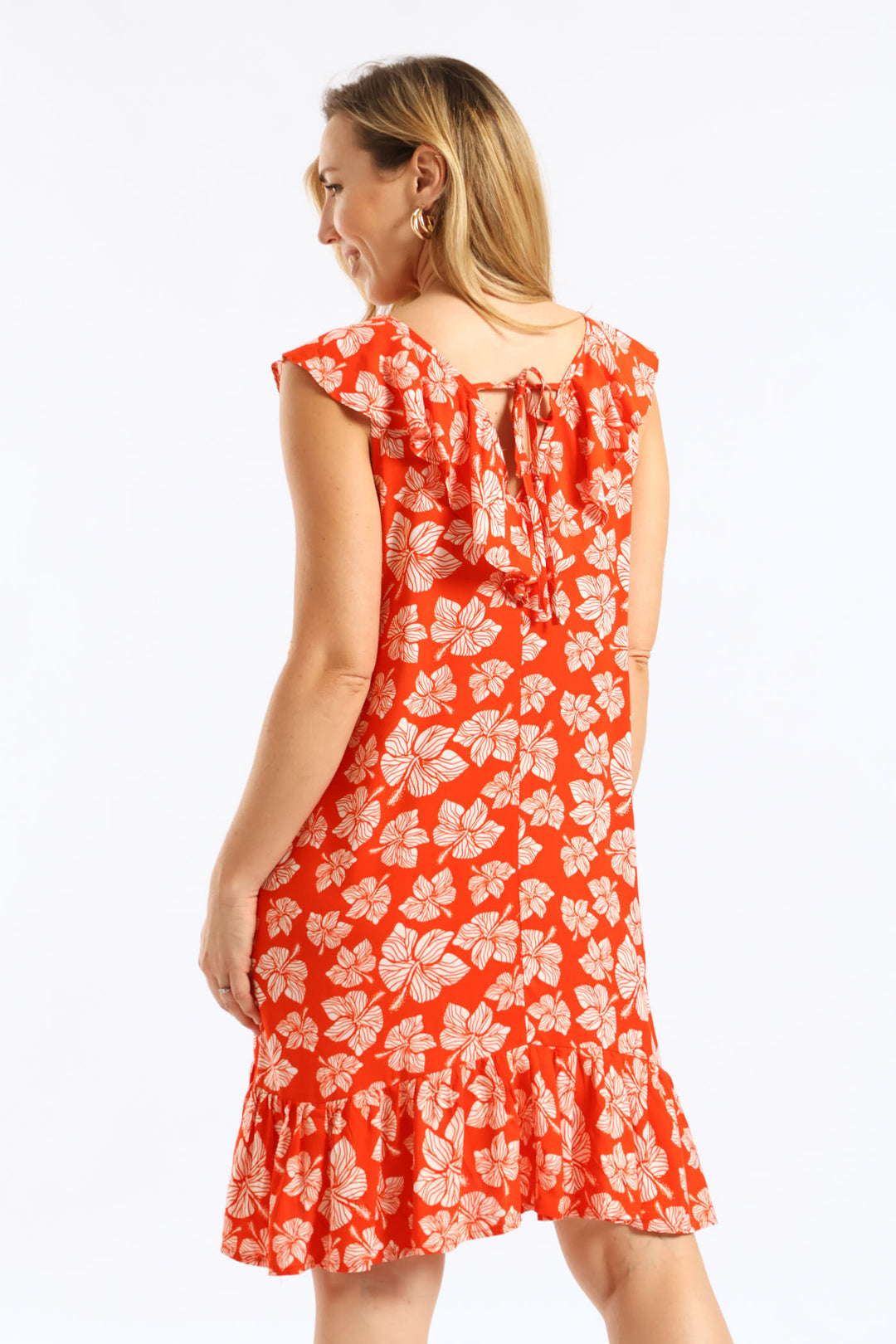 V-Neck Frill Hem Print Mini Dress - Orange/White