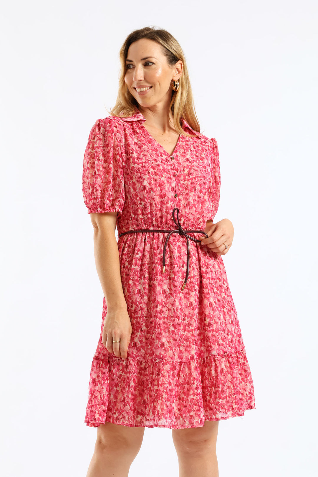 Collared Puff Sleeve Belted Tea Dress - Magenta