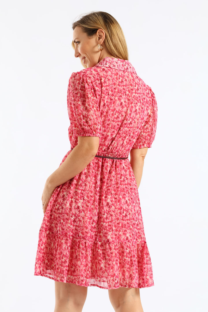Collared Puff Sleeve Belted Tea Dress - Magenta