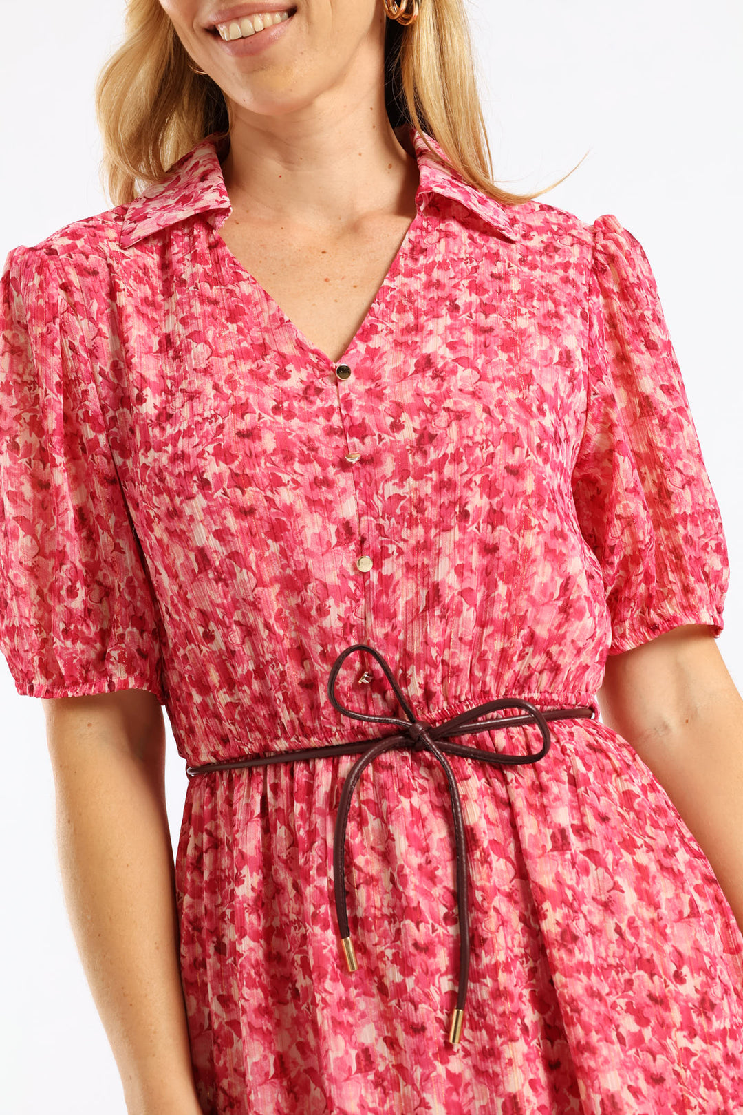 Collared Puff Sleeve Belted Tea Dress - Magenta
