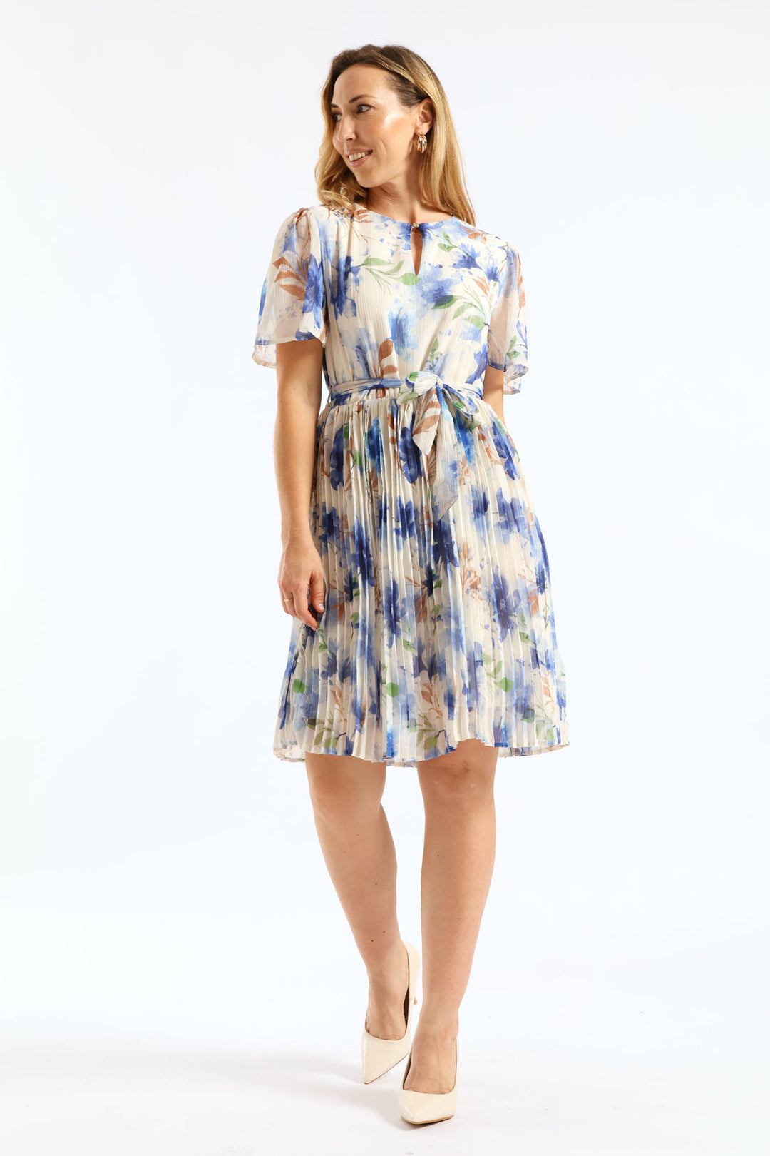 Floral Pleated Tea Dress - Cream/Blue