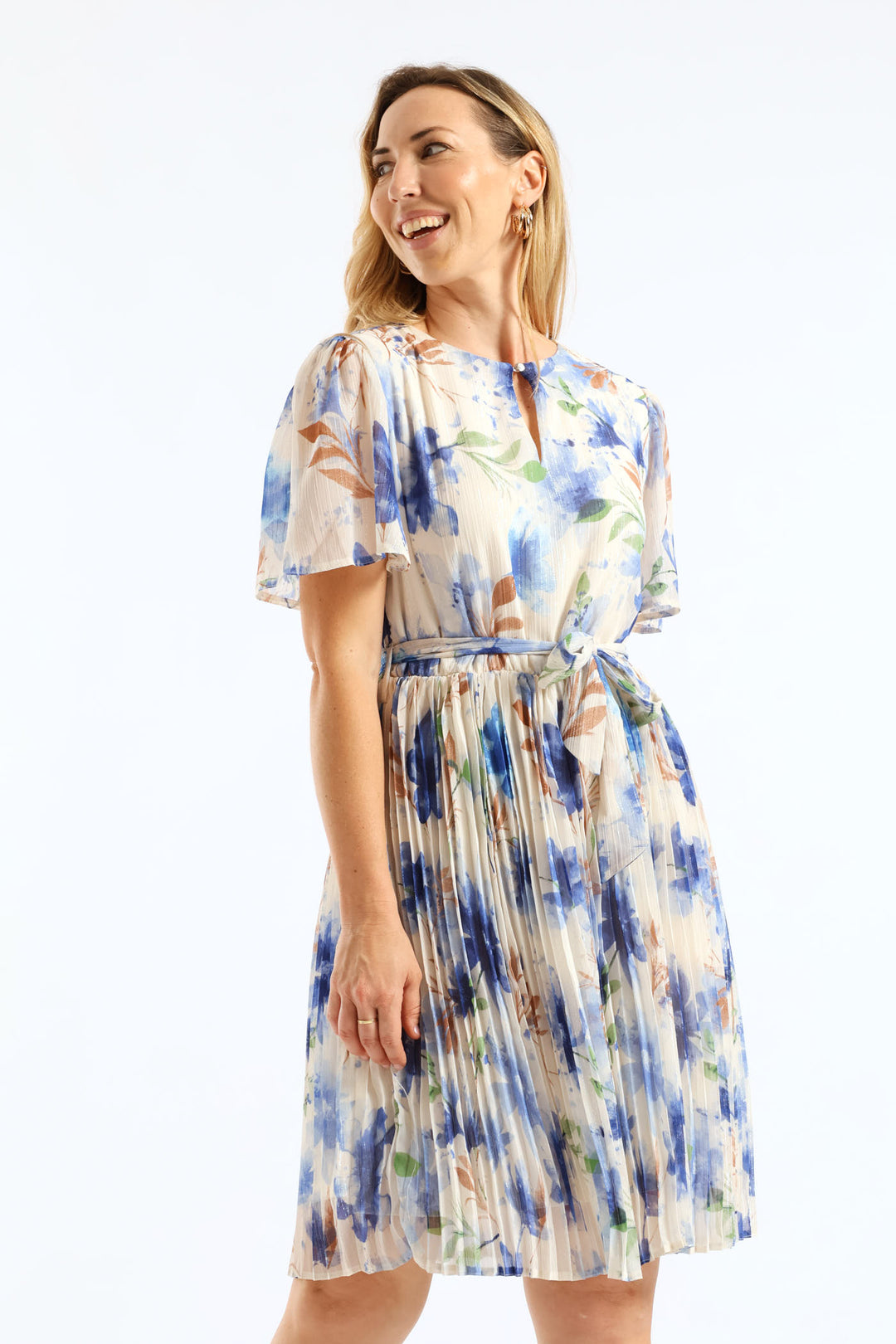Floral Pleated Tea Dress - Cream/Blue