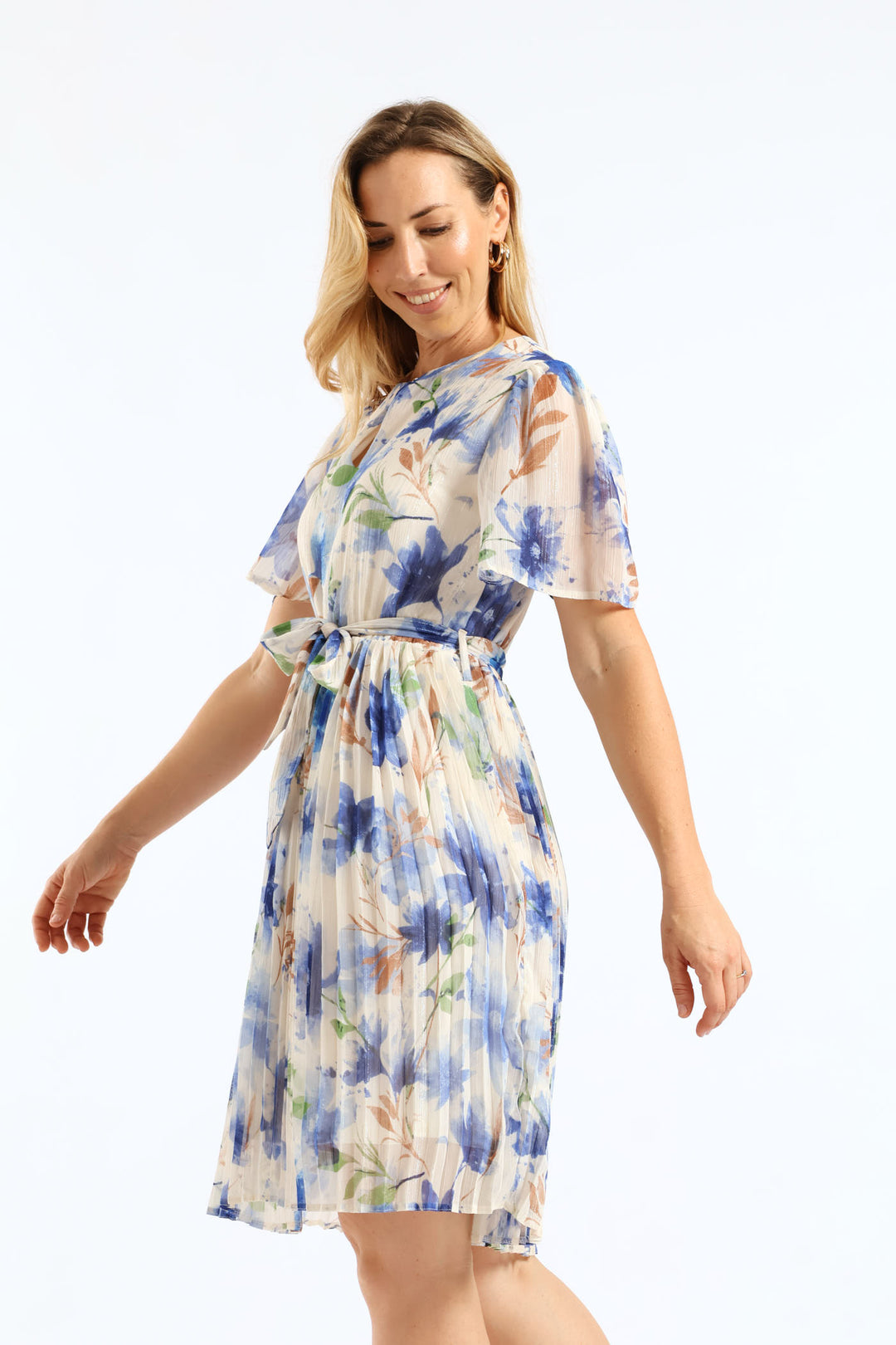Floral Pleated Tea Dress - Cream/Blue