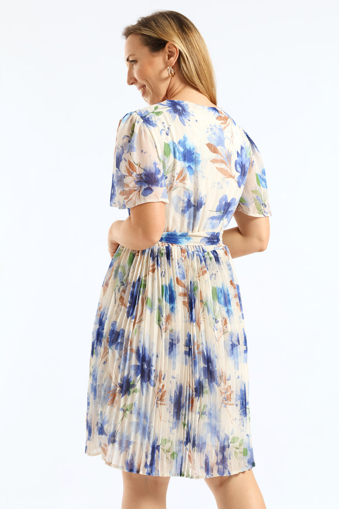 Floral Pleated Tea Dress - Cream/Blue
