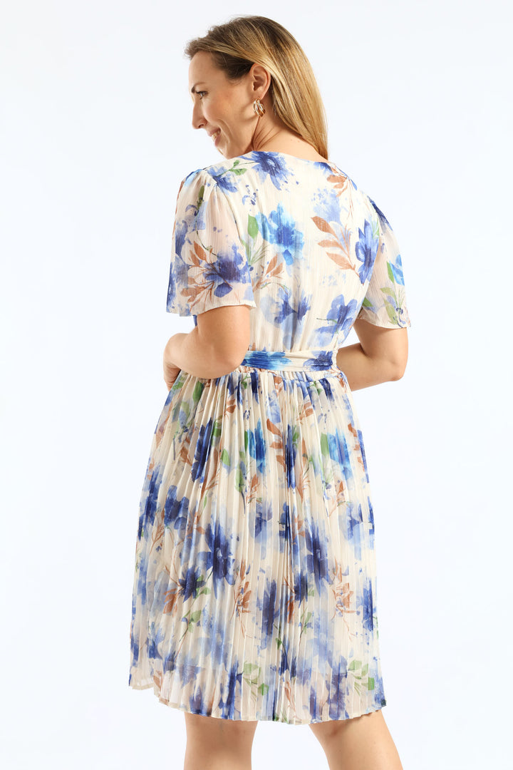 Floral Pleated Tea Dress - Cream/Blue