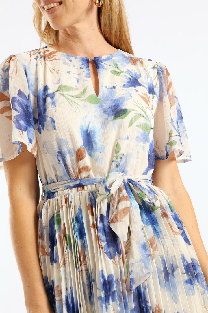Floral Pleated Tea Dress - Cream/Blue