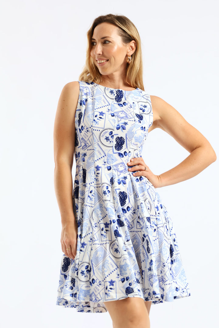 Panelled Skater Mini Dress - White/Blue