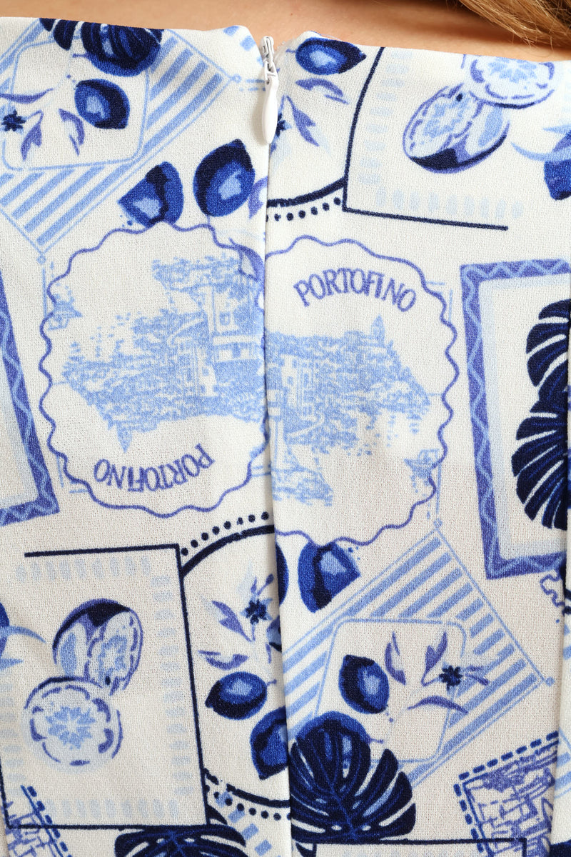 Panelled Skater Mini Dress - White/Blue