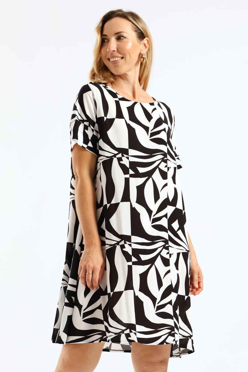 Tie Detail Woven Shift T-Shirt Mini Dress - Black/White