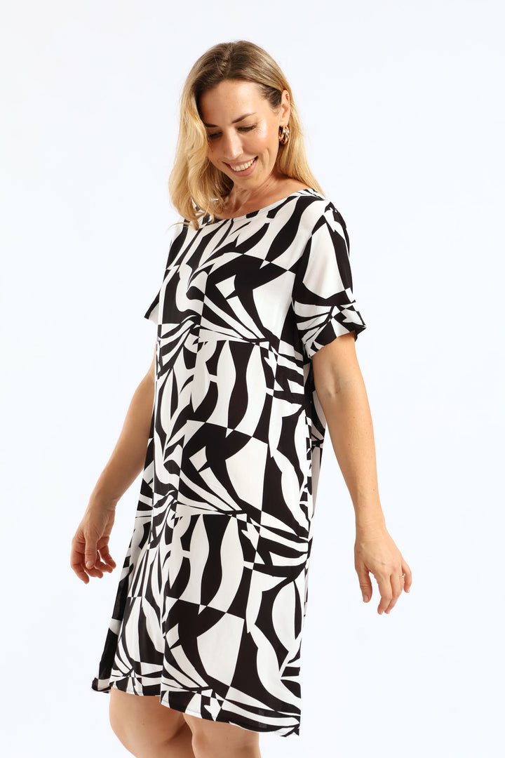 Tie Detail Woven Shift T-Shirt Mini Dress - Black/White